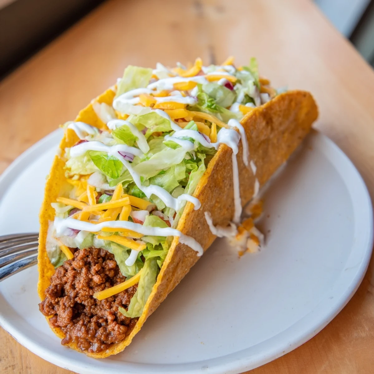 A close-up of a Cheesy Gordita Crunch taco, showcasing layers of texture and the cheesy wrap.