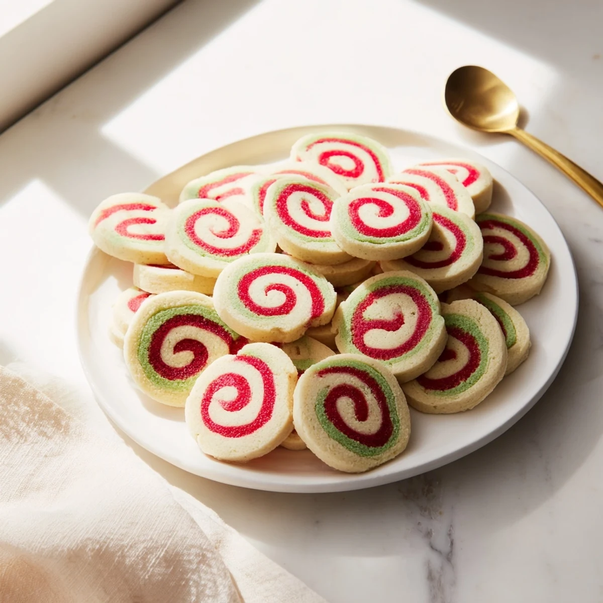 A plateful of dazzling Holiday Pinwheel Cookies, their festive spirals adding colorful Christmas cheer.