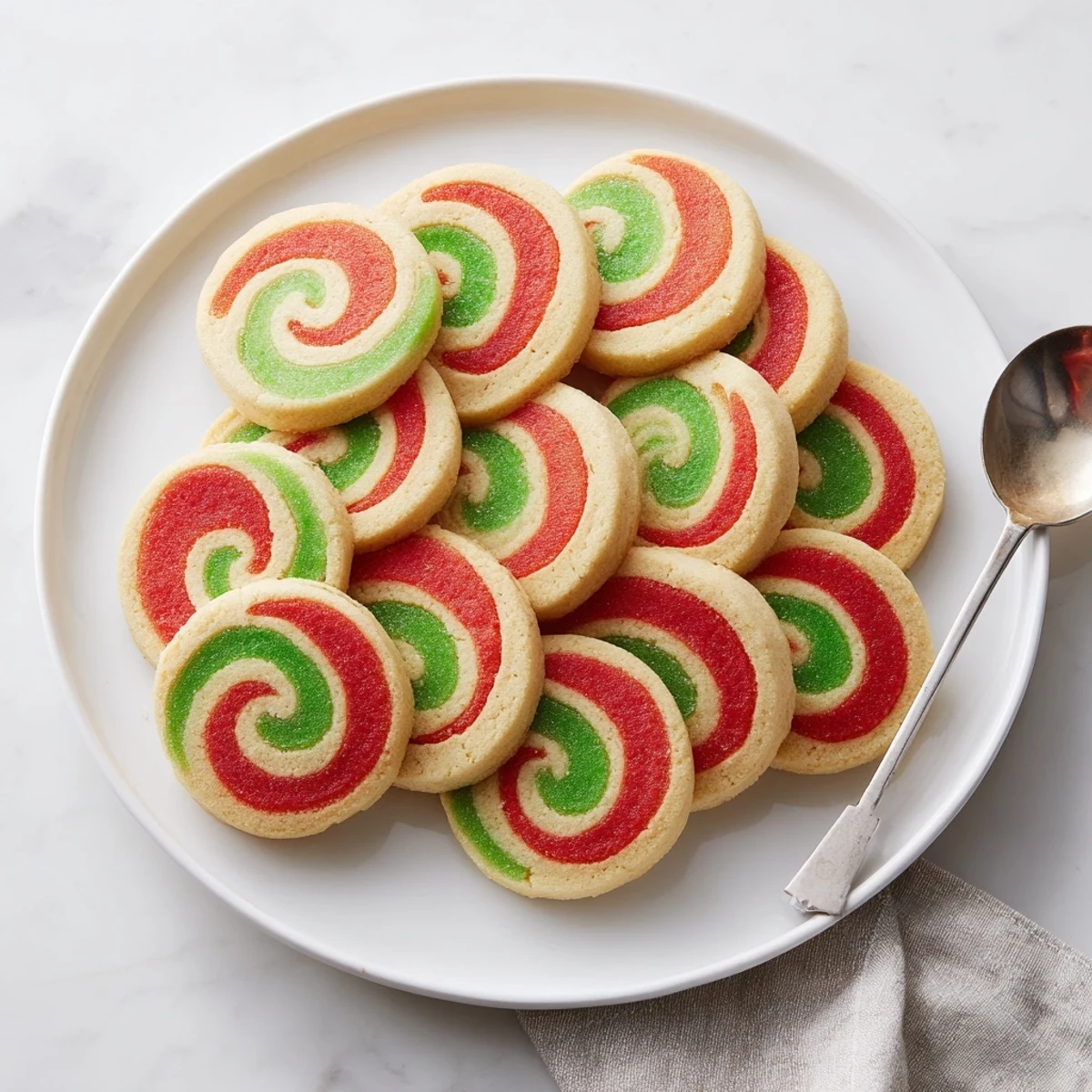 Showcasing the delightful swirl of a batch of homemade Holiday Pinwheel Cookies, ready to eat.