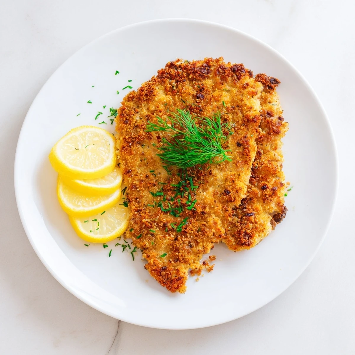 Freshly made pickle-brined chicken cutlets, served with lemon wedges, a simple and satisfying meal.