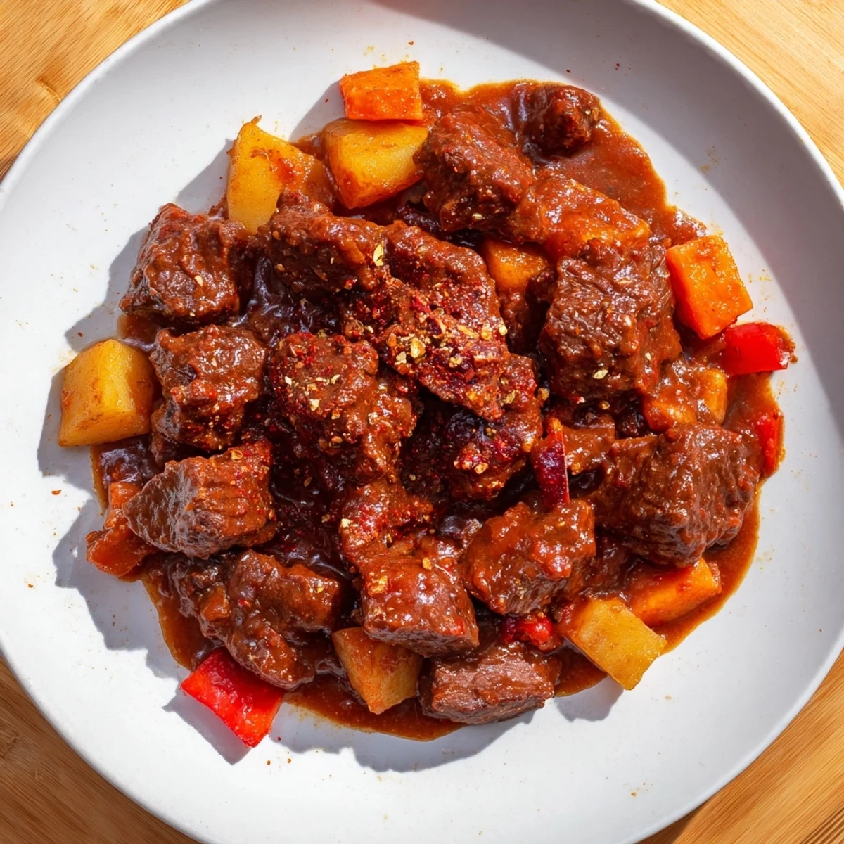 A steaming bowl of Smoked Paprika & Garlic Beef Stew, perfect comfort food, ready to serve warm.