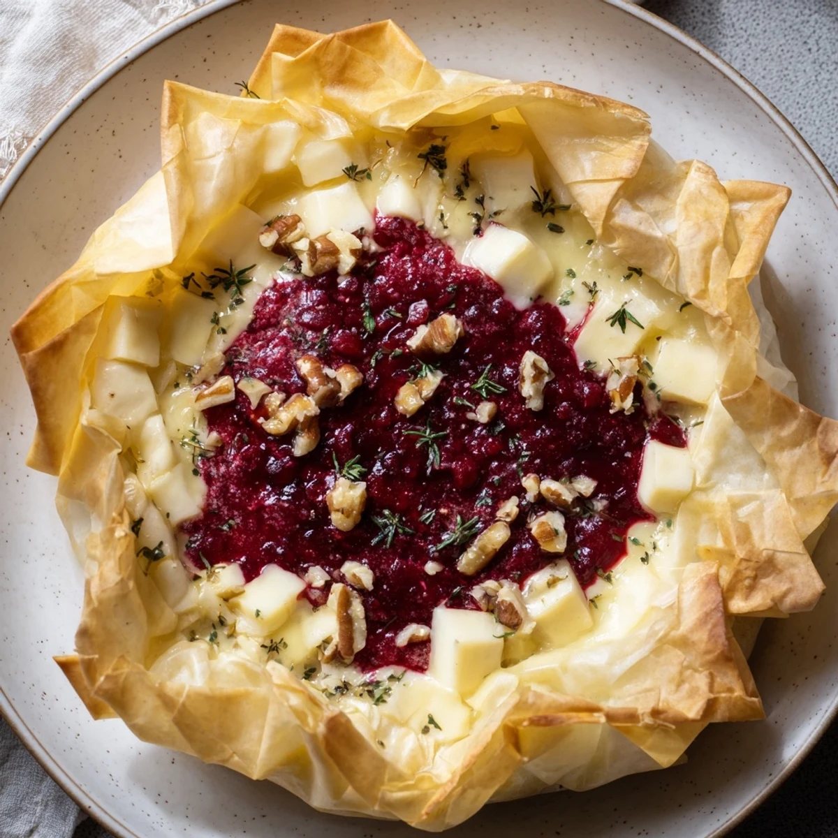 Golden, bubbly Cranberry Brie Bites with melted cheese and a vibrant cranberry topping, ready to eat.