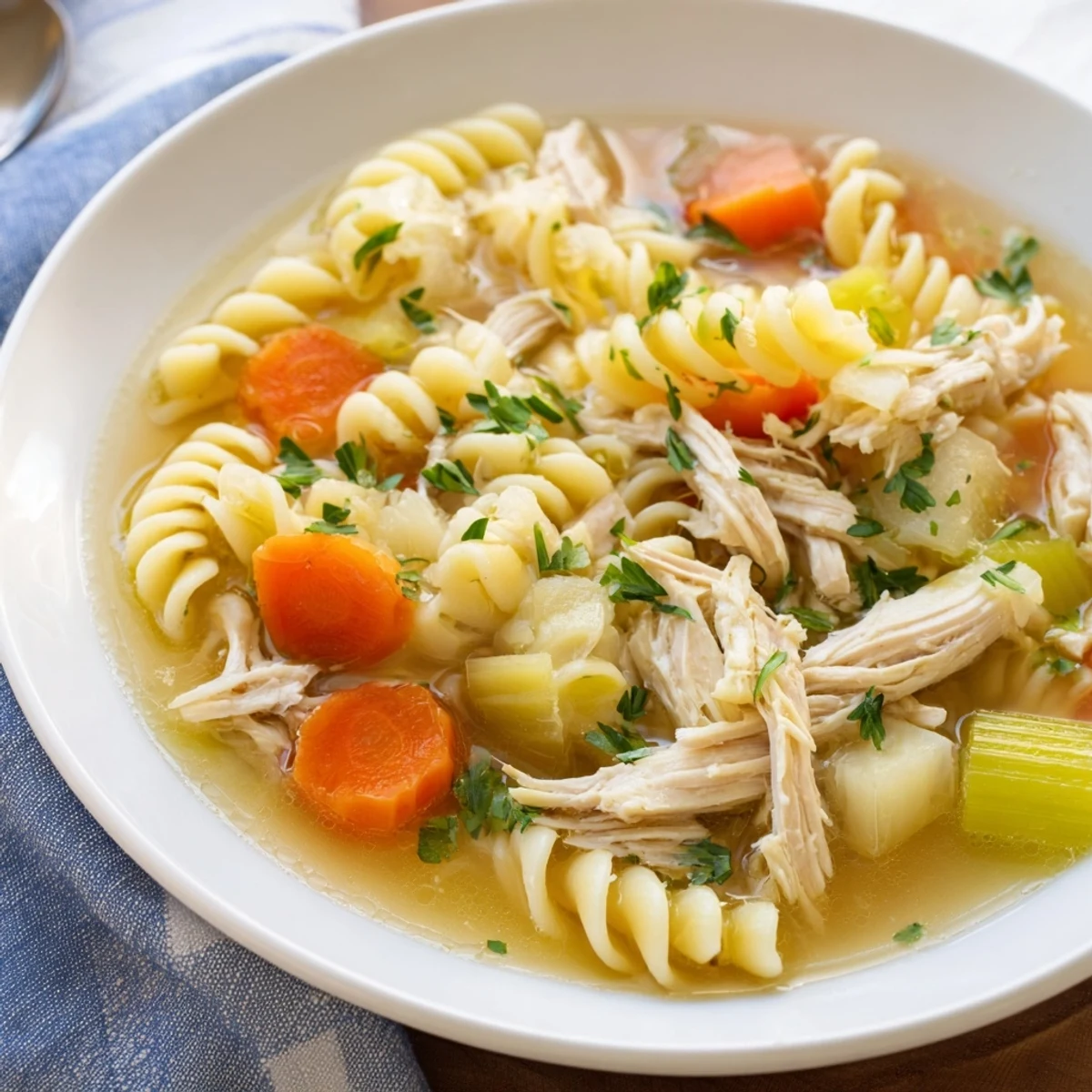 Steaming bowl of Crockpot Chicken Noodle Soup: a comforting American classic with tender chicken and noodles.