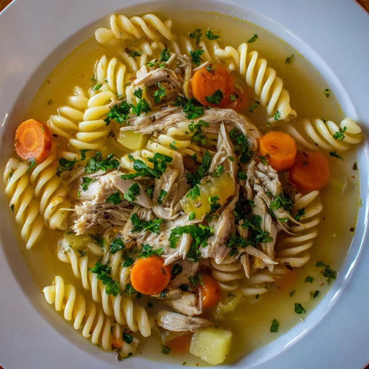 A close-up of the flavorful Crockpot Chicken Noodle Soup, a hearty, healthy, and easy homemade meal.
