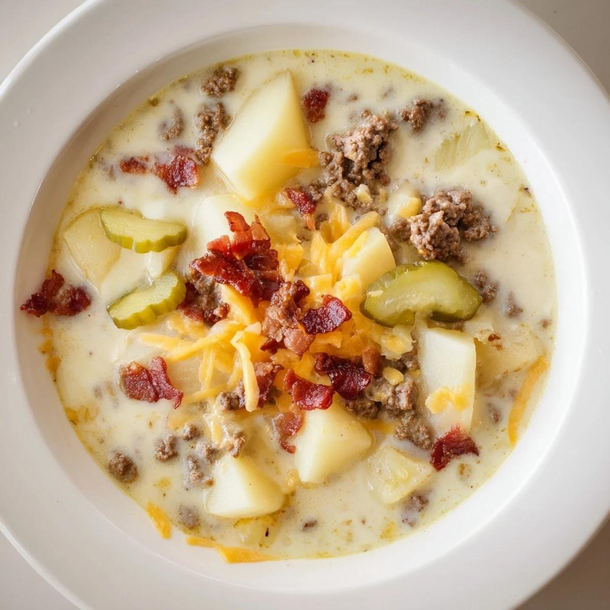 Steaming Crockpot Cheeseburger Soup: a creamy, beefy soup with melted cheese and crunchy bacon topping.