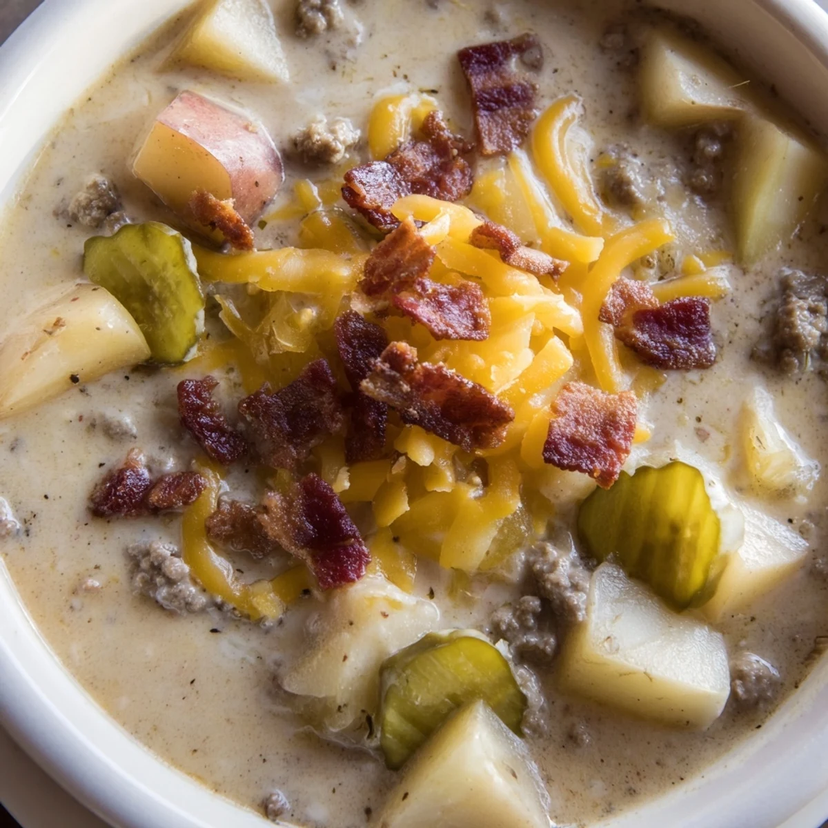A bubbling crockpot filled with Cheeseburger Soup, a delicious and easy weeknight comfort food idea.