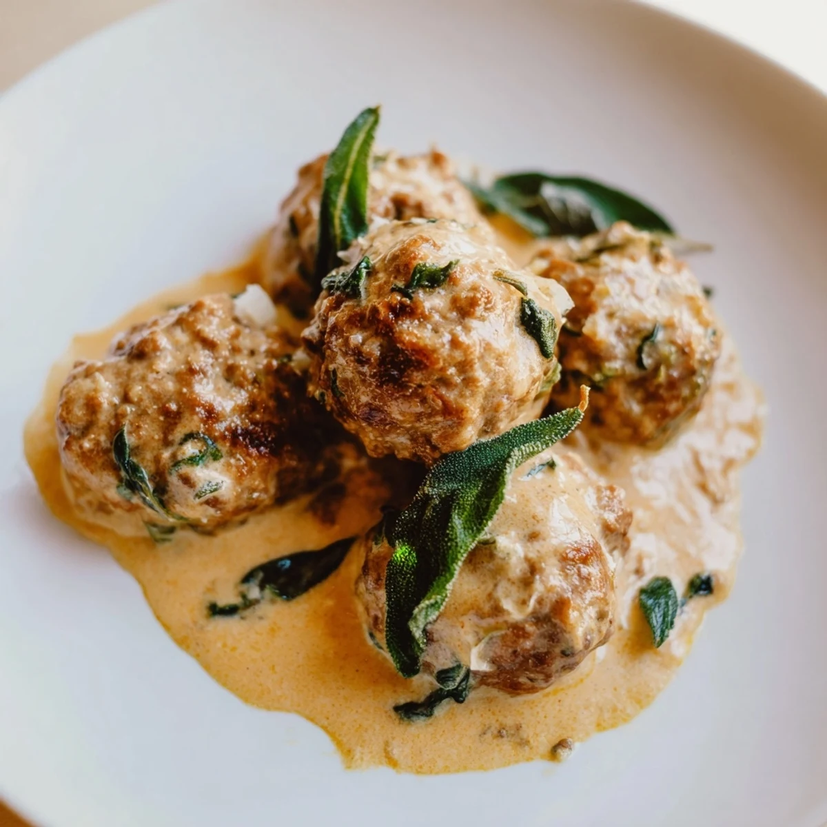 Creamy pumpkin sage sauce coats tender turkey meatballs, a comforting dinner idea.