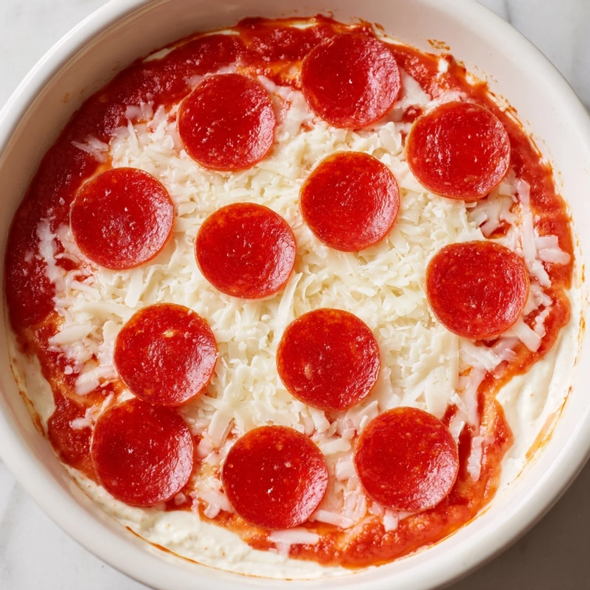 Warm pizza dip, baked to bubbly perfection, with melted cheese and crispy pepperoni on top.