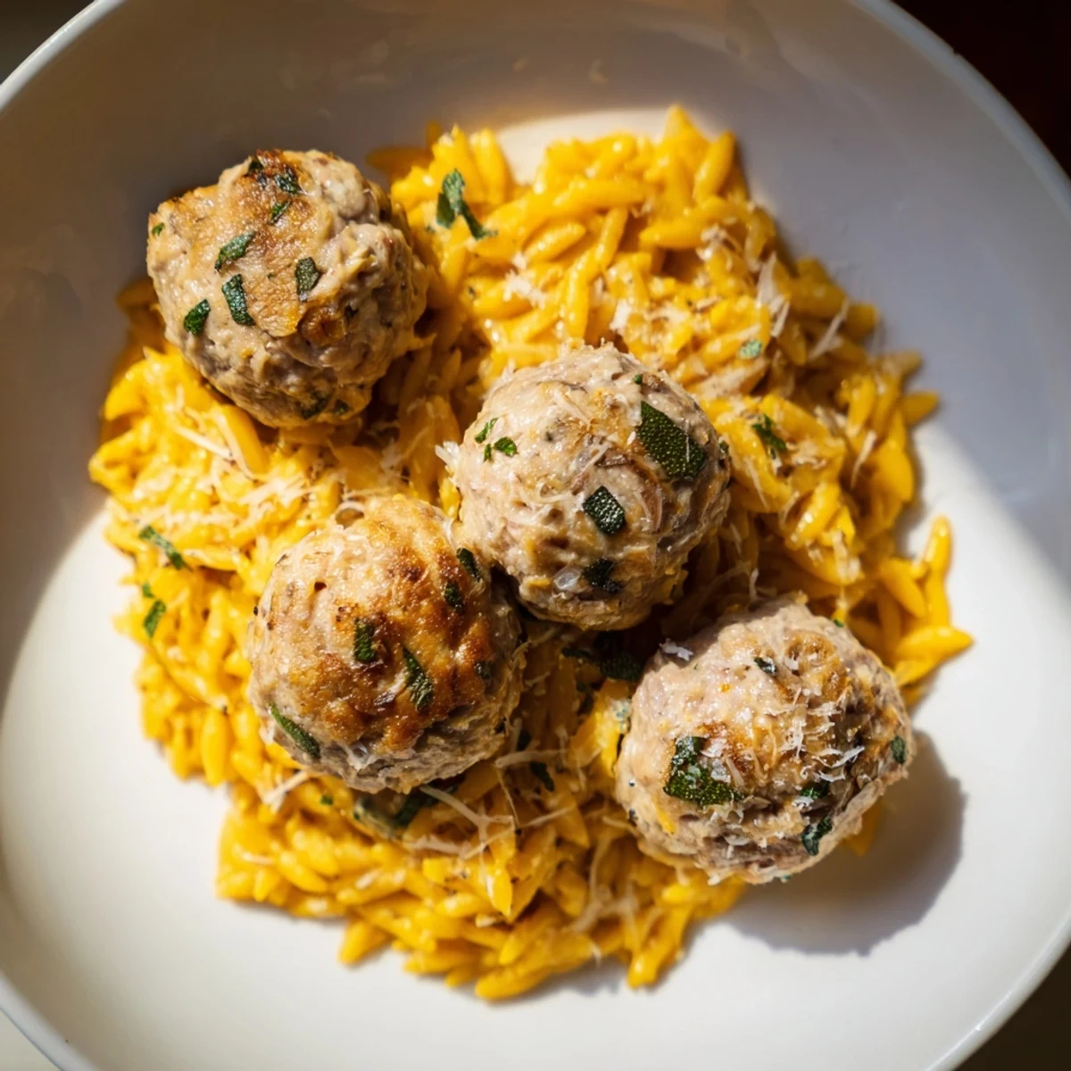 Golden sage turkey meatballs nestled in vibrant pumpkin orzo, a comforting autumn meal.