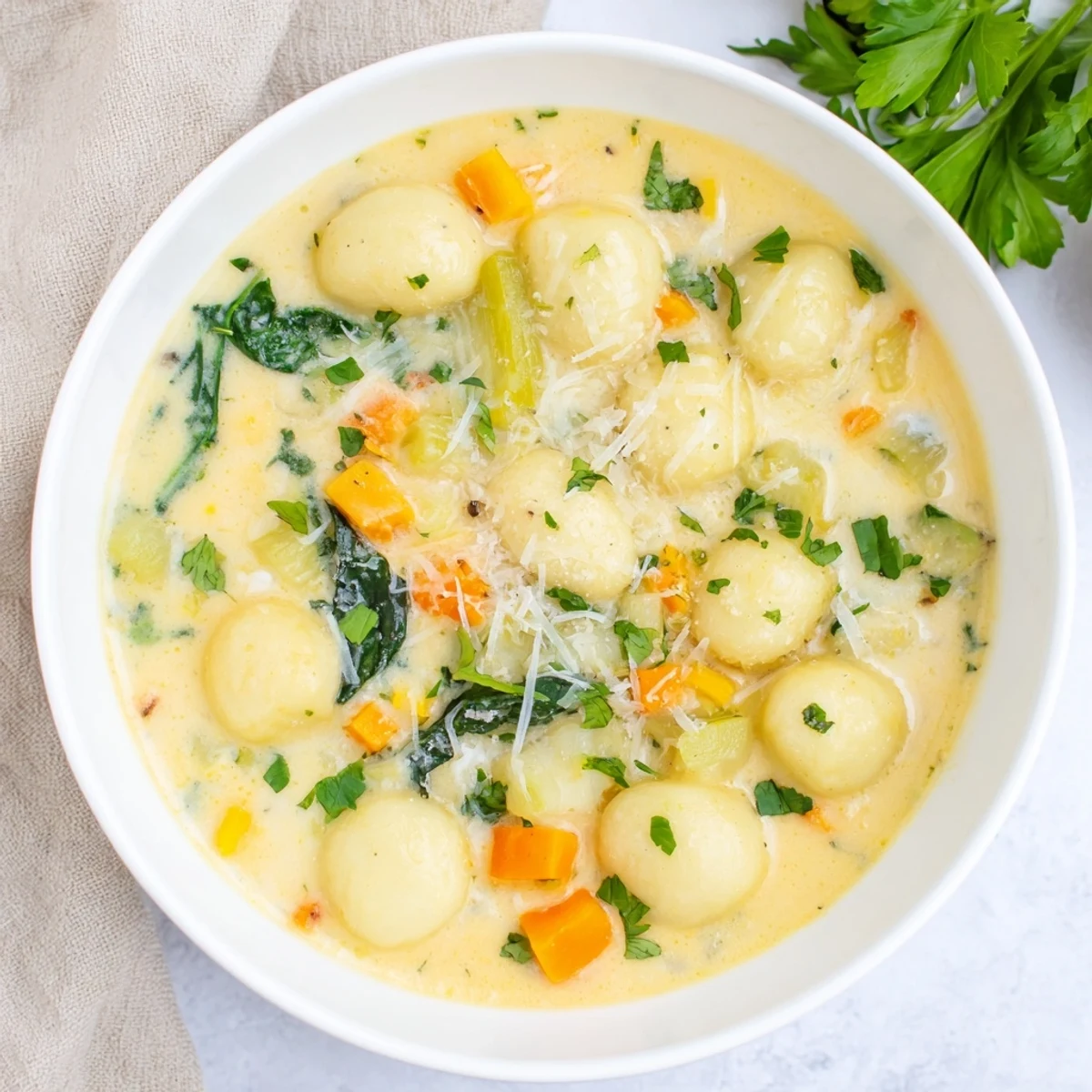 A steaming bowl of Savory Butternut Squash Gnocchi Soup, garnished with Parmesan and fresh parsley.