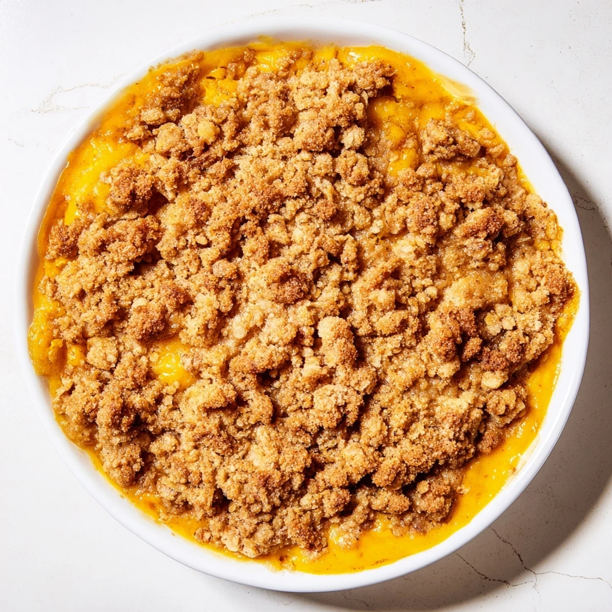 Warm pumpkin crisp with golden crumble, perfect for a cozy fall dessert served with ice cream.