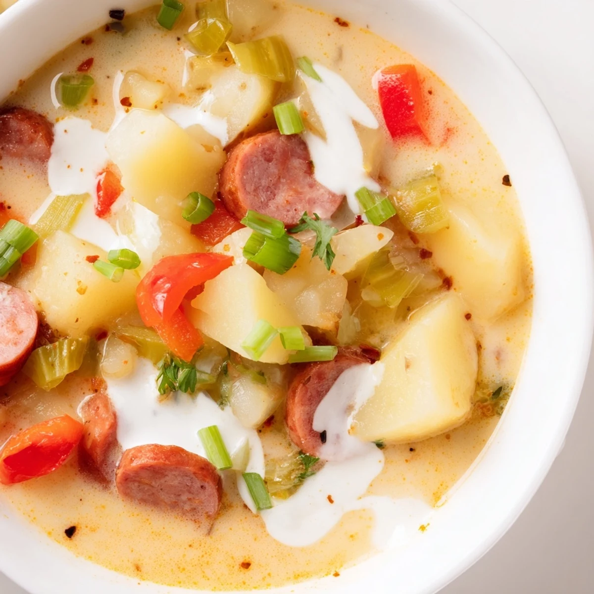 Thick and flavorful, a close-up of slow cooker Cajun potato soup topped with fresh herbs.
