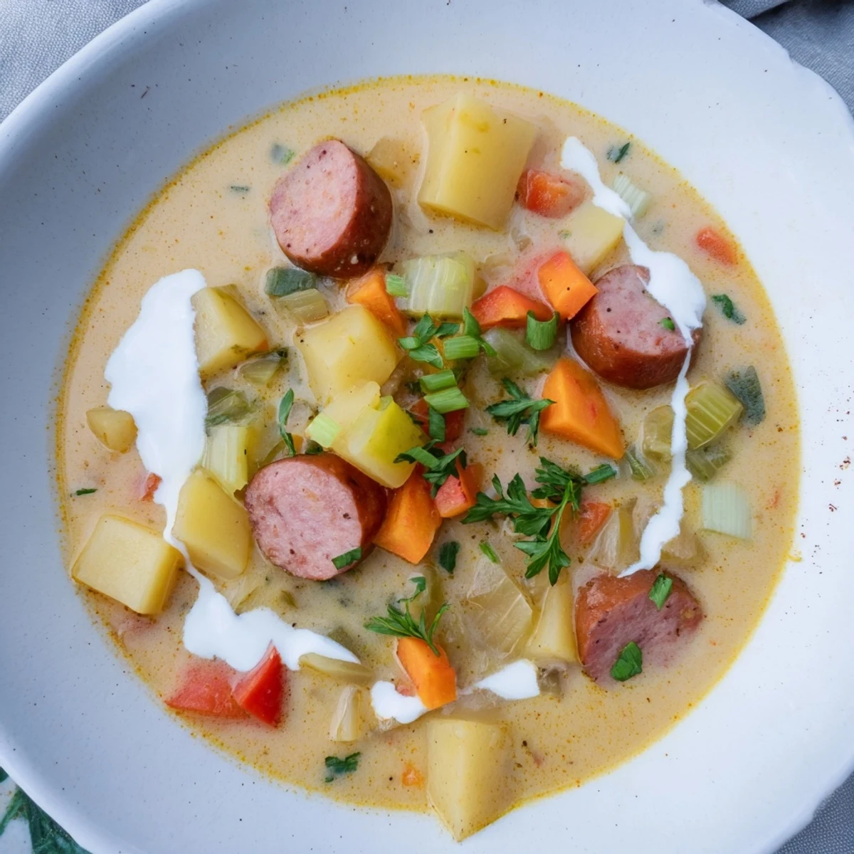 Creamy slow cooker Cajun potato soup, garnished and steaming, ready to serve with crusty bread.