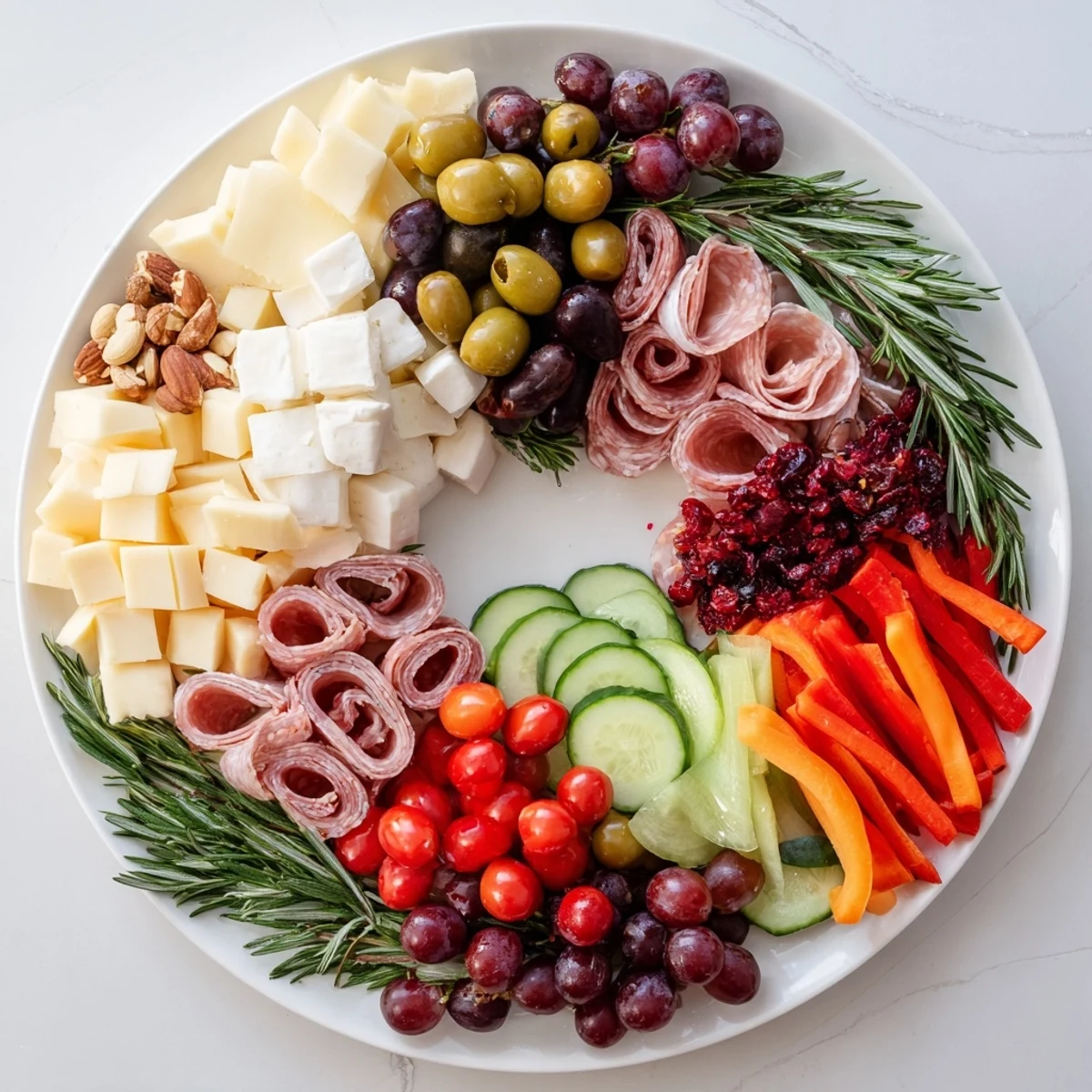 Close-up of a festive Simplified Grazing Board Wreath overflowing with colorful cheeses and crackers.