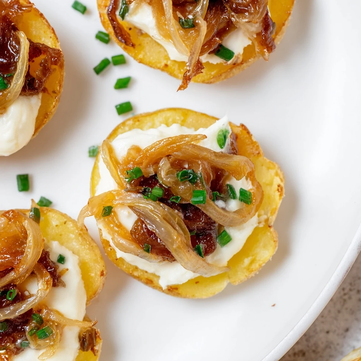 Warm French Onion Potato Bites, featuring melted cheese and sweet onions, a tasty and easy party snack.