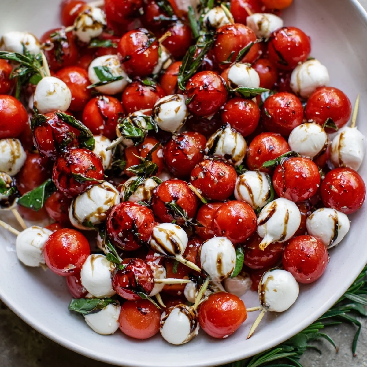 Easy Christmas Tree Caprese Skewers arranged on a platter, showcasing vibrant red tomatoes with fresh basil and mozzarella.