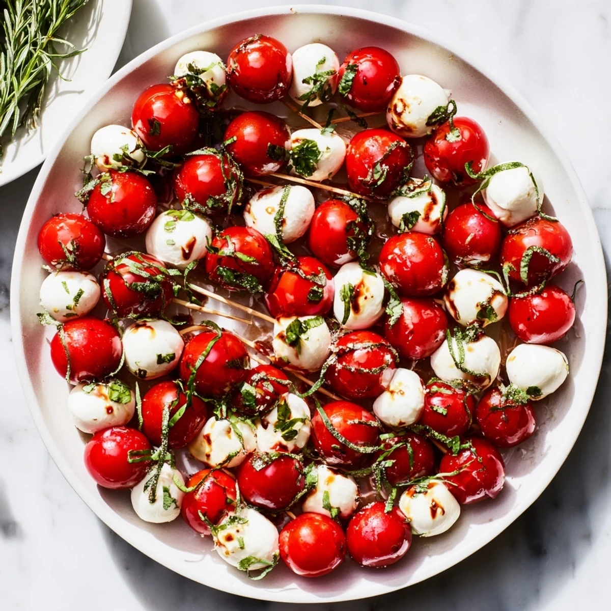 Close-up of fresh Easy Christmas Tree Caprese Skewers, a festive vegetarian appetizer, garnished with rosemary sprigs.