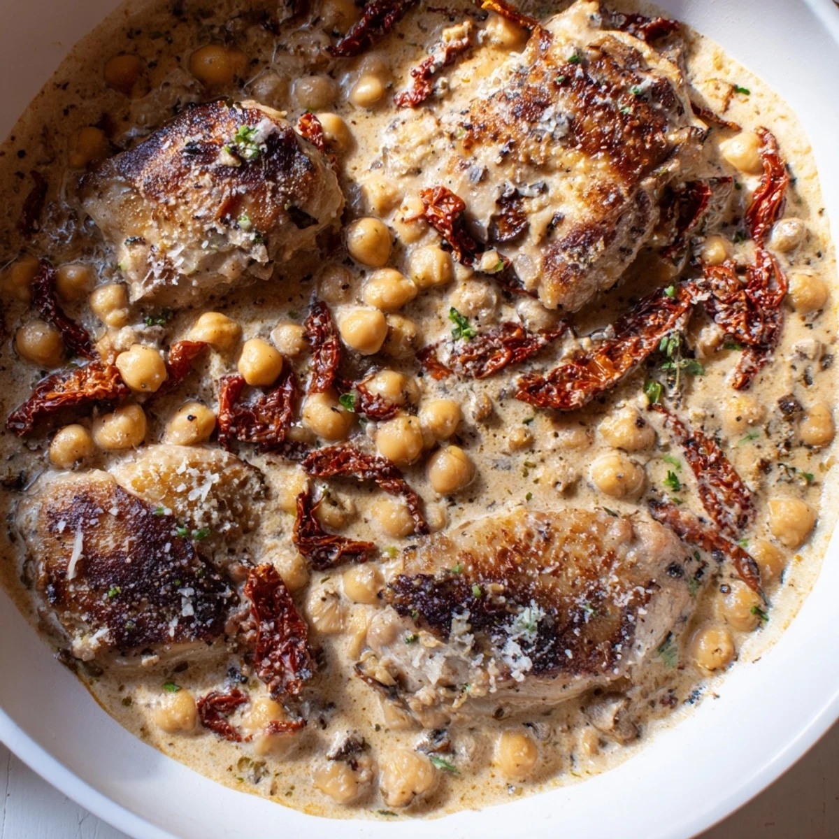 Creamy High-Protein Marry Me Chicken and Chickpeas, served with golden chicken and rich sun-dried tomato sauce.