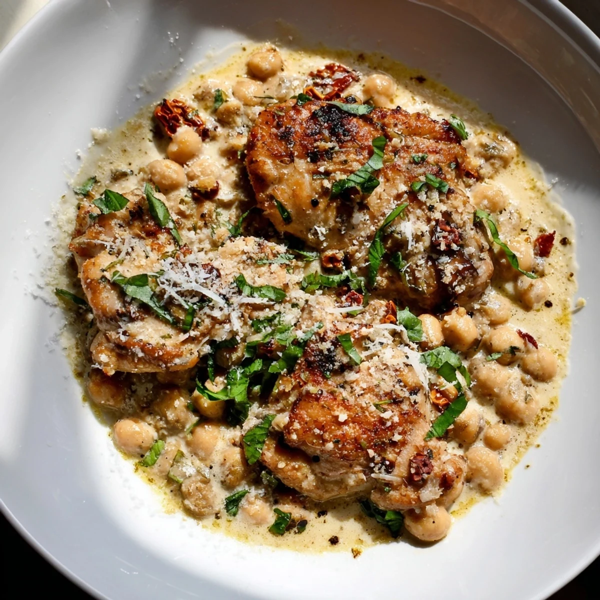 A close-up of High-Protein Marry Me Chicken and Chickpeas; imagine the tender chicken with chickpeas.