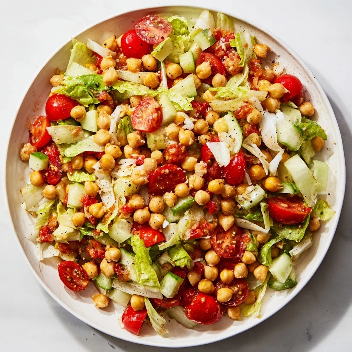 Vibrant La Scala chopped chickpea salad with provolone and parmesan; ready to serve on a sunny afternoon.