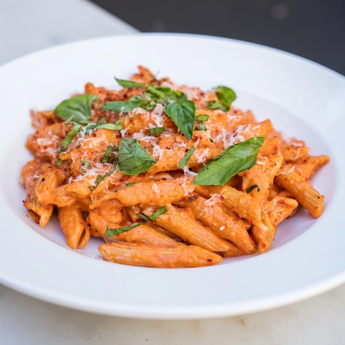 Steaming bowl of 15-Minute Creamy Red Pepper Pasta, topped with fresh basil and Parmesan cheese.
