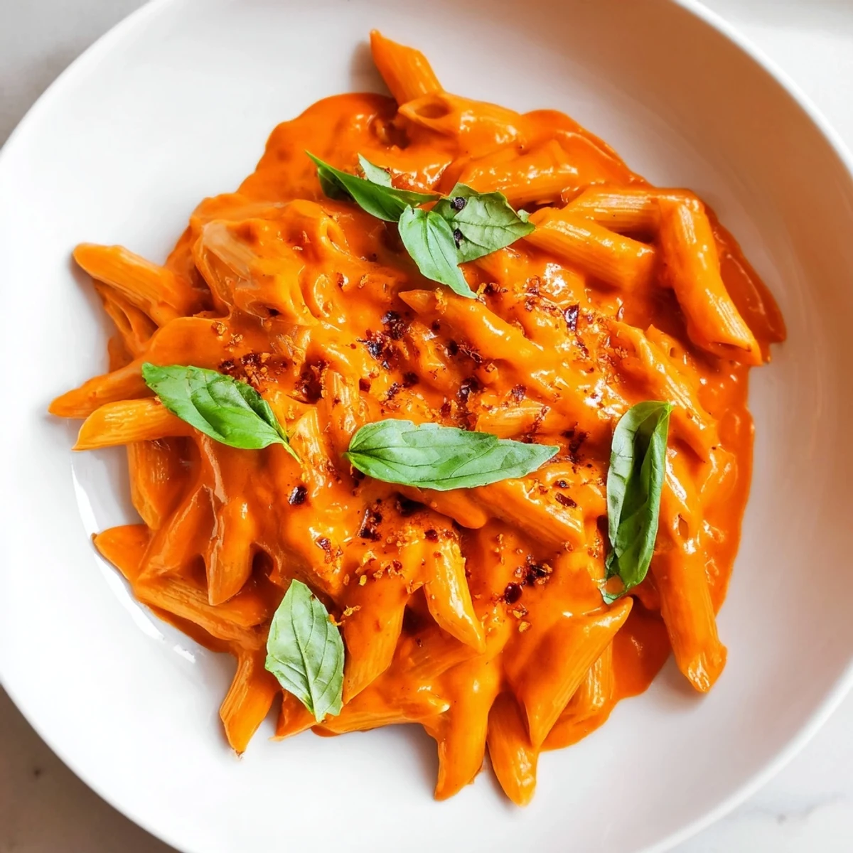 A close-up view of the luscious, creamy 15-Minute Creamy Red Pepper Pasta before serving.