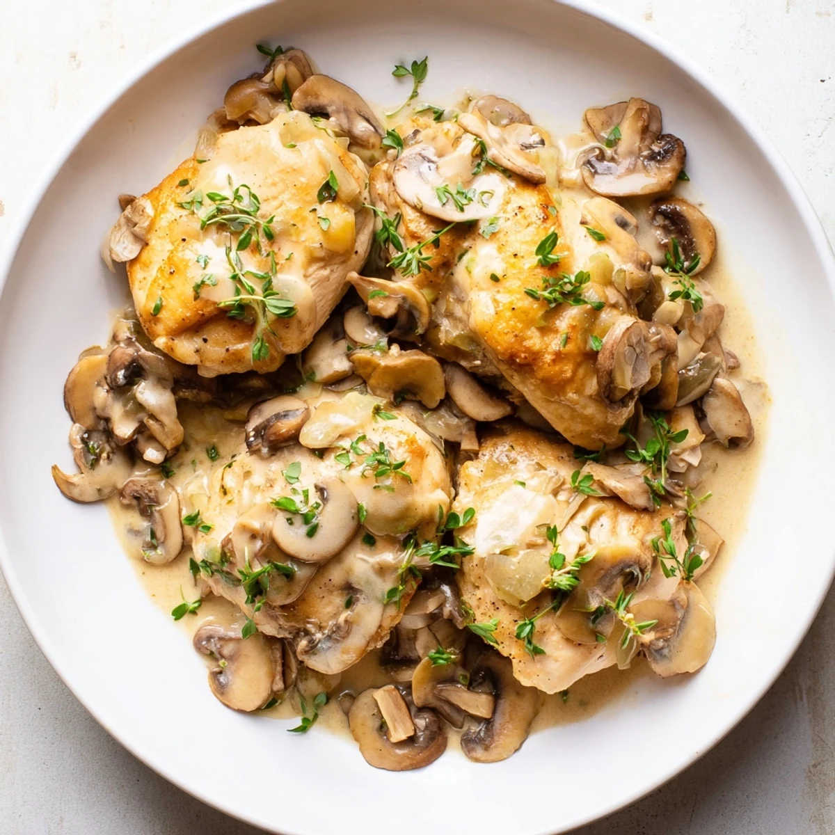 Savory Tarragon Chicken & Mushroom Skillet: Golden chicken breasts nestled in a rich, creamy mushroom sauce.