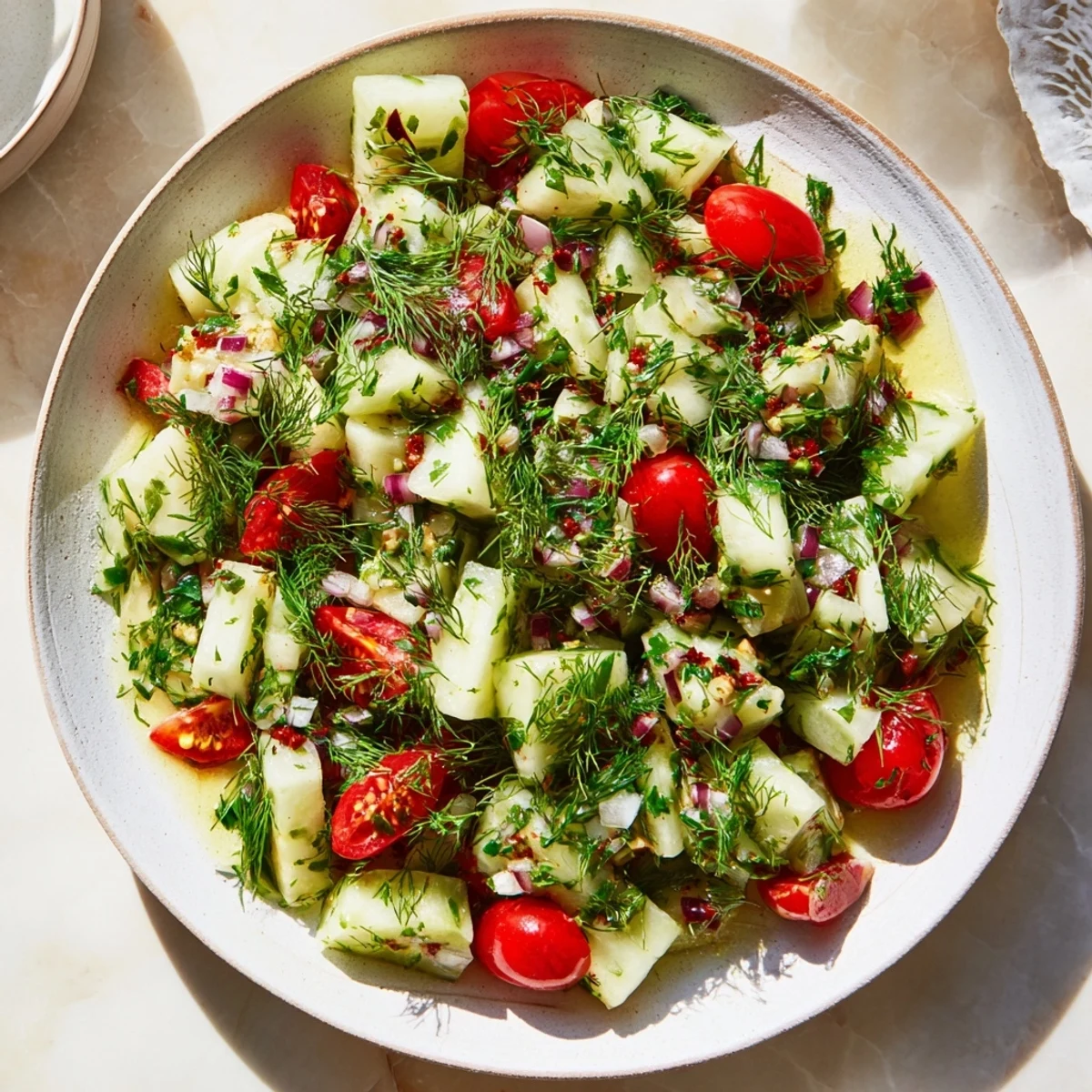 This Simple Cucumber and Dill Chopped Salad is tossed with a bright vinaigrette, showcasing crisp cucumbers and fresh dill ready to serve.