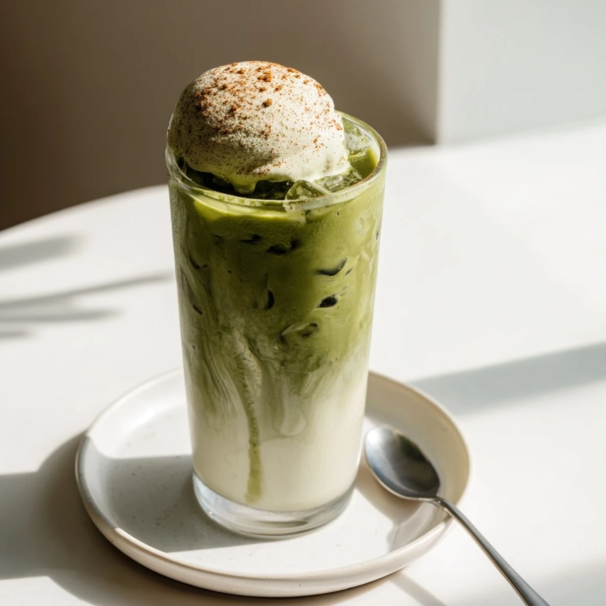 Refreshing Iced Cinnamon Roll Matcha with Protein Foam: a vibrant green matcha latte layered with white, fluffy foam.