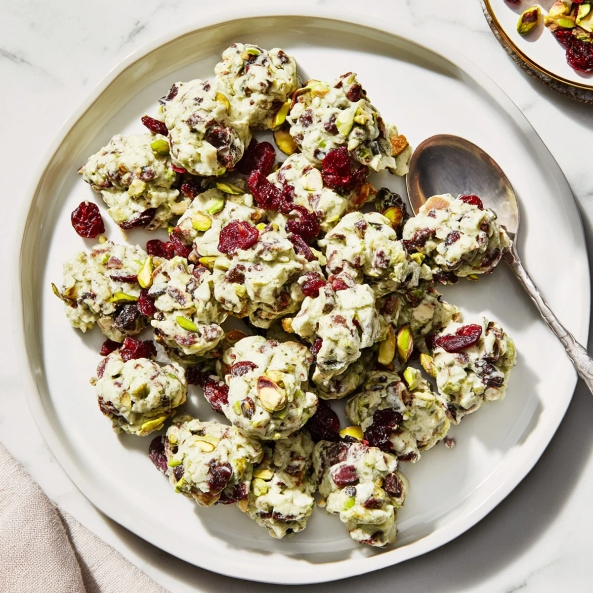 Pale green Matcha White Chocolate Cranberry Bark Clusters, perfect for a gluten-free dessert or sweet snack.