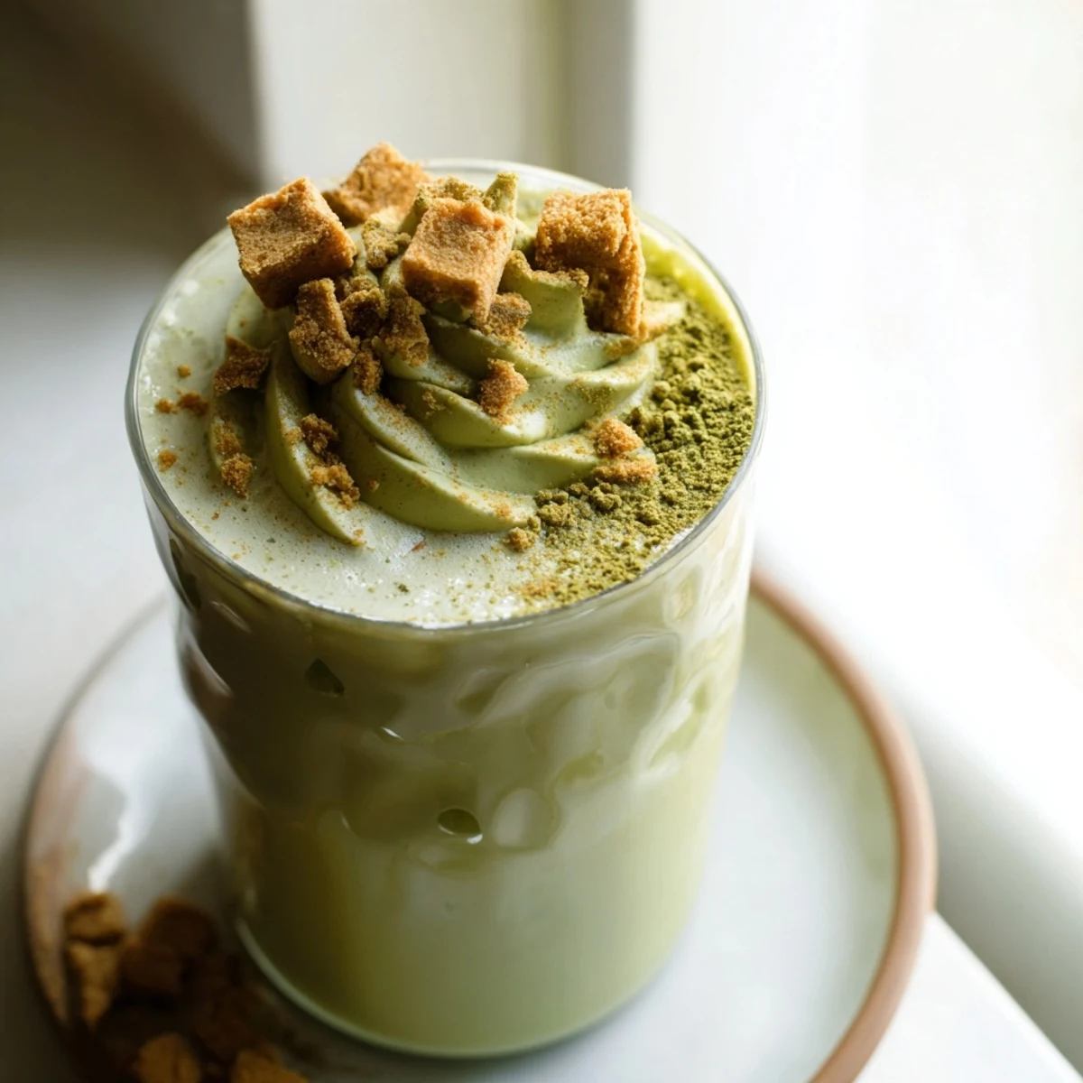This Sugar-Free Gingerbread Cookie Matcha Frappe offers a cool treat, with a hint of gingerbread spice and matcha.