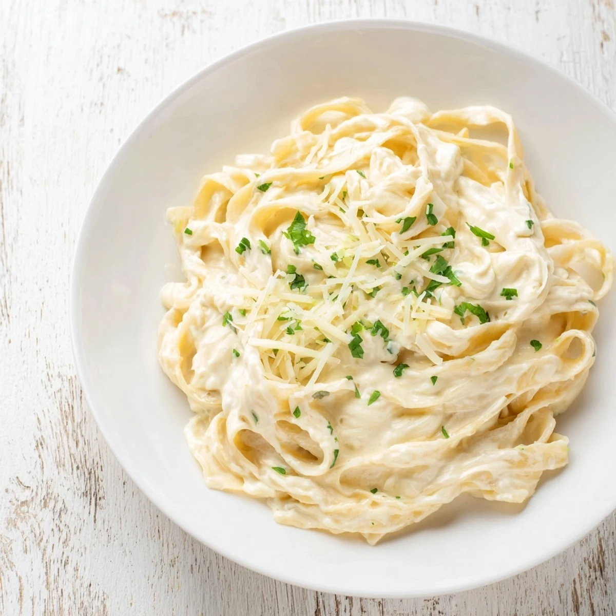 Steaming bowl of Skinny Alfredo, showcasing the garlic and parmesan flavoring the pasta.