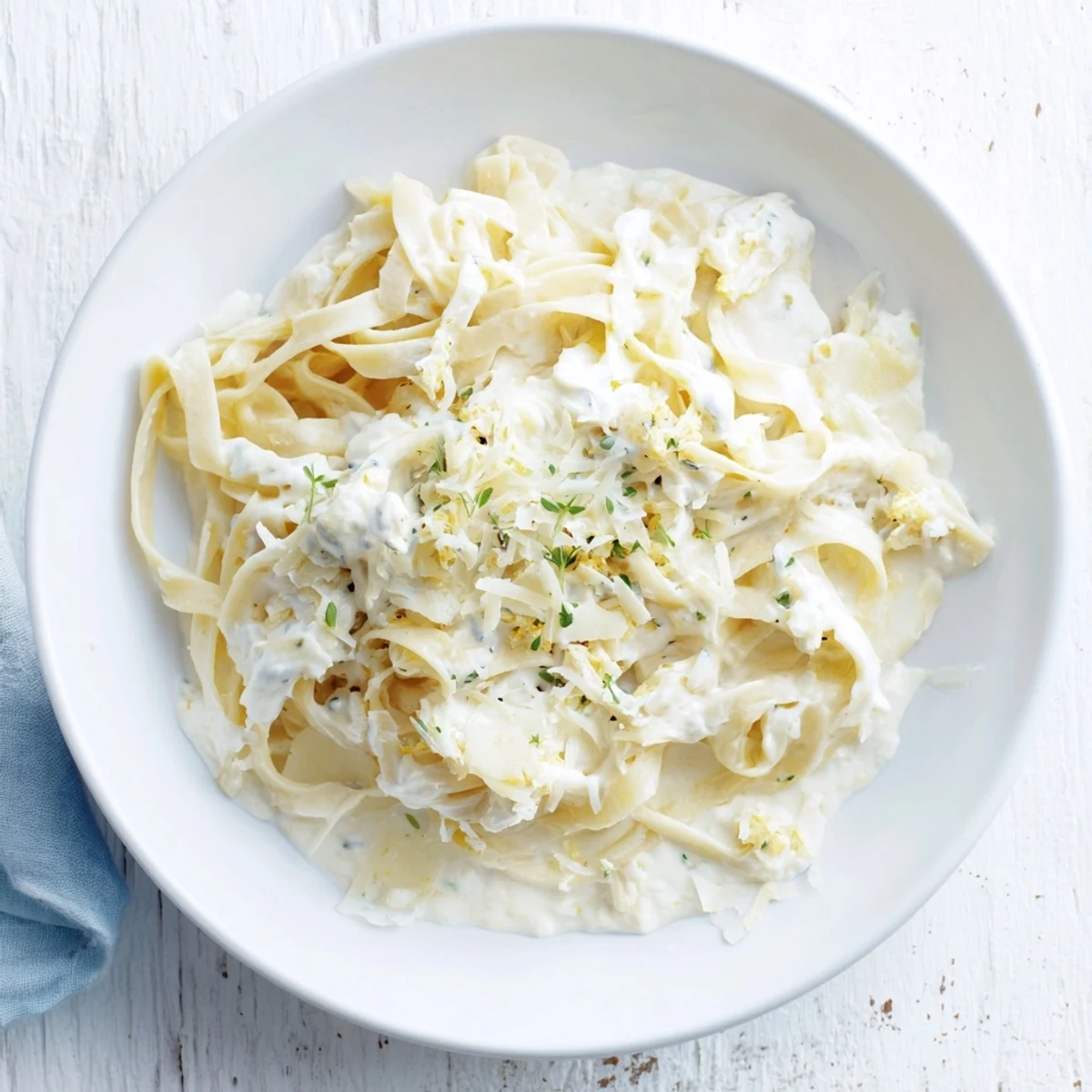 Warm, creamy dish of Skinny Alfredo garlic parmesan pasta, garnished with fresh parsley.