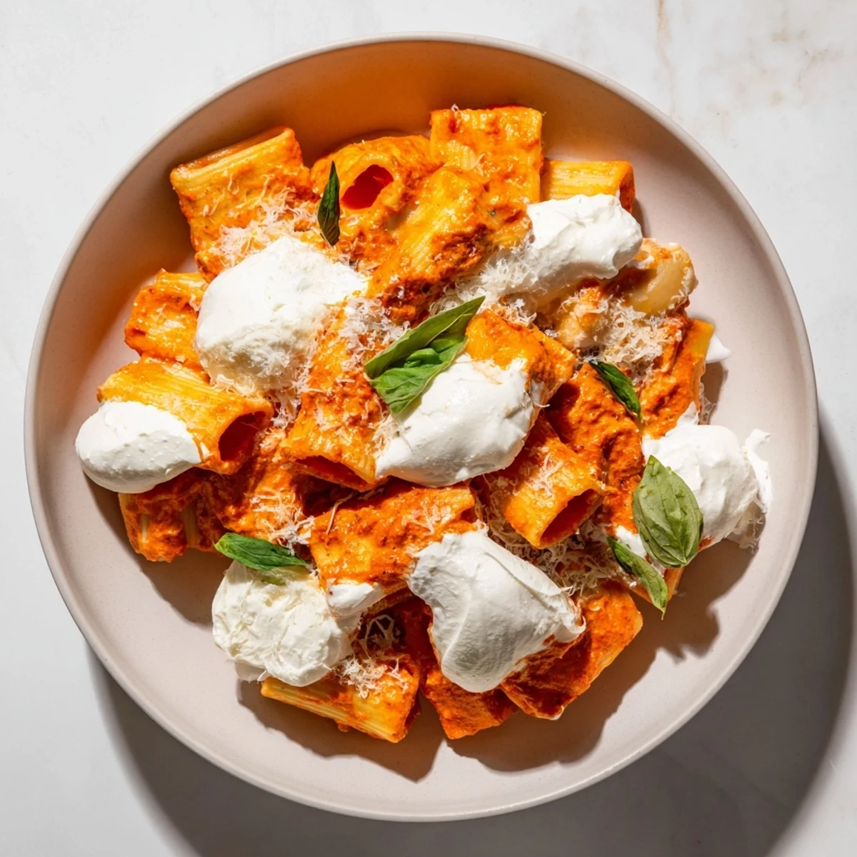 Close-up of bubbling Creamy Roasted Red Pepper Santa Hat Pasta with Parmesan and fragrant basil garnish.