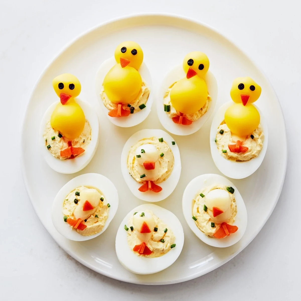 Creamy egg filling forms the bodies of delightful Chick & Duckling Snacks, perfect springtime appetizers.