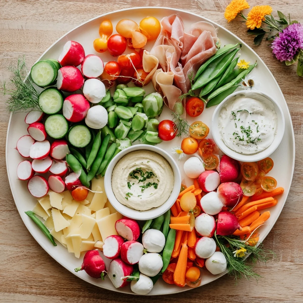 Vibrant Spring Wreath Appetizer Platter showcasing fresh radishes, carrots, and cheeses, perfect for springtime gatherings.