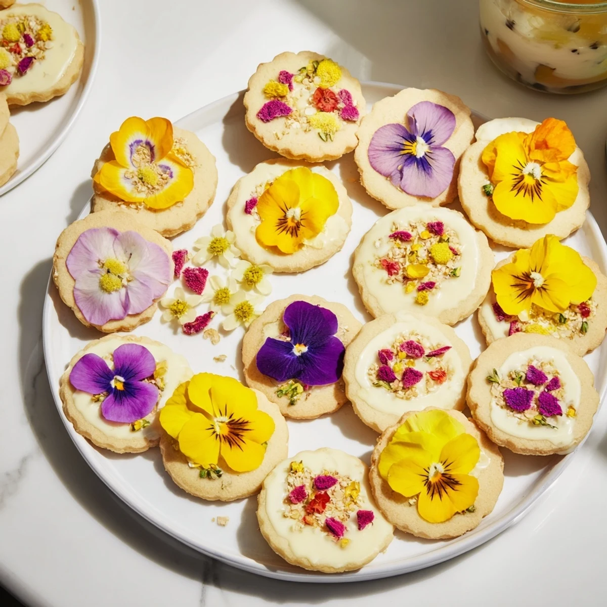 Sweet and vibrant Spring Flower Dessert Tray, offering shortbread, miniature cakes, and honey parfaits to enjoy.
