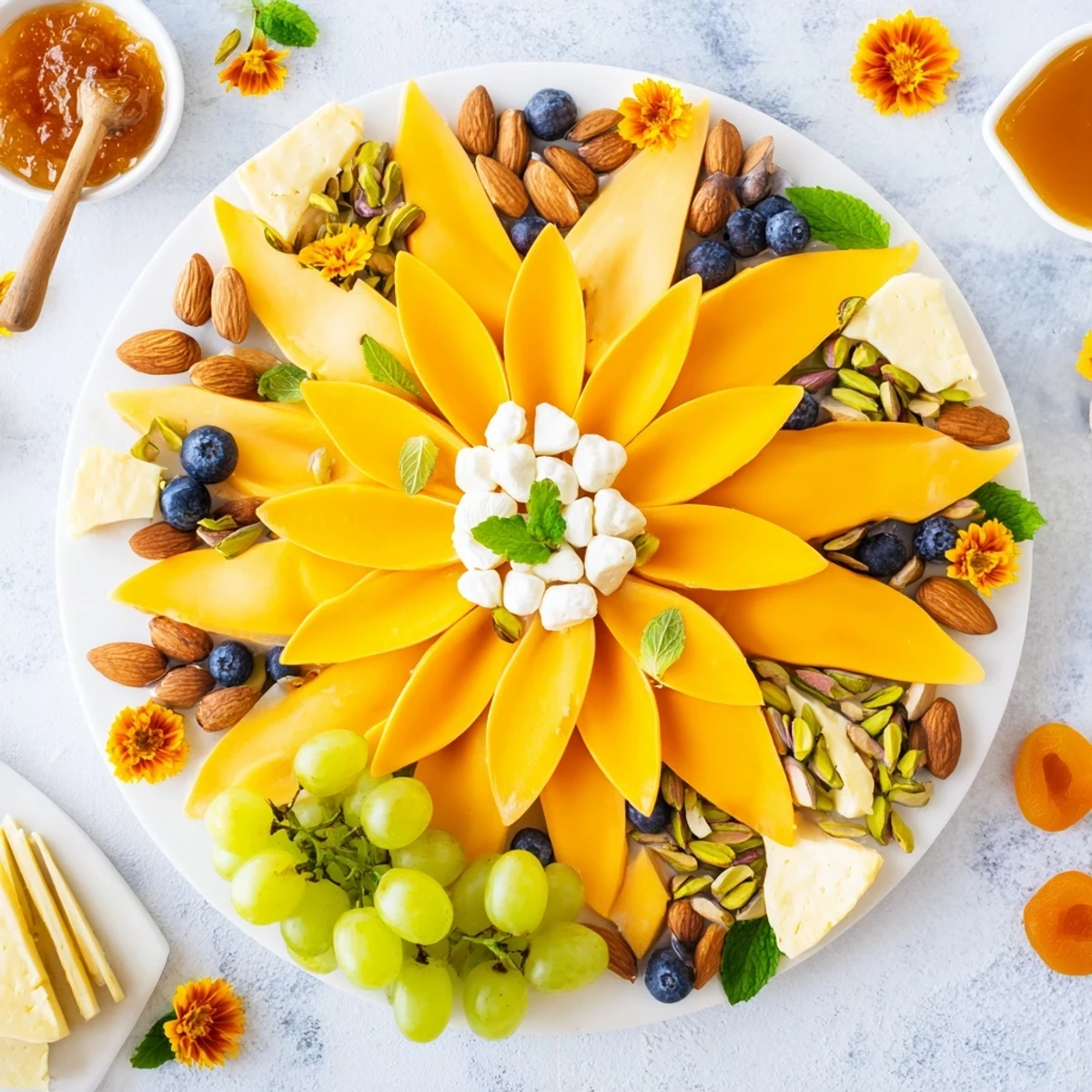 Brightly colored Daffodil Cheese Board with grapes, cheeses, and crackers, perfect for a spring appetizer.