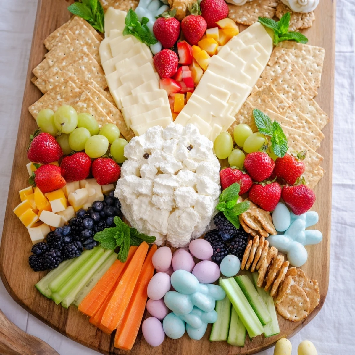 A colorful Bunny Ears Easter Board features creamy brie, crunchy crackers, and seasonal berries arranged artfully.