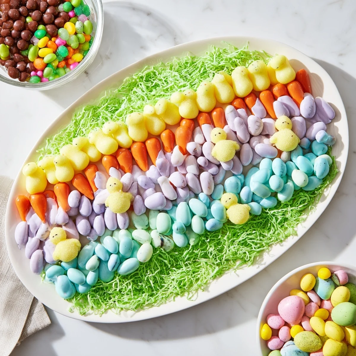 See the cheerful Egg-Shaped Candy Platter, brimming with sweet gummy candies, chocolate eggs, and colorful sprinkles.