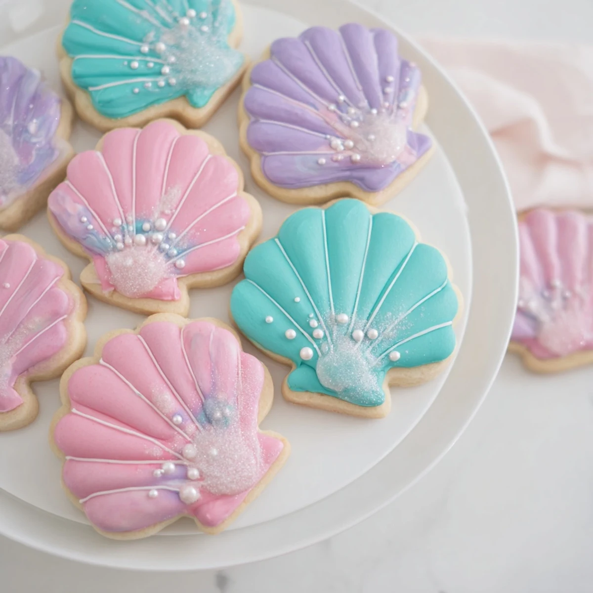 Perfectly frosted seashell sweets in pastel colors, sprinkled with edible pearls and shimmer dust.