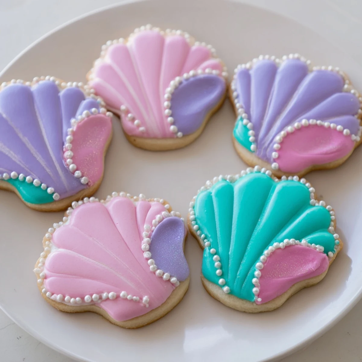These delicate seashell sweets are arranged beautifully, offering a glimpse of the delicious, decorated cookies.