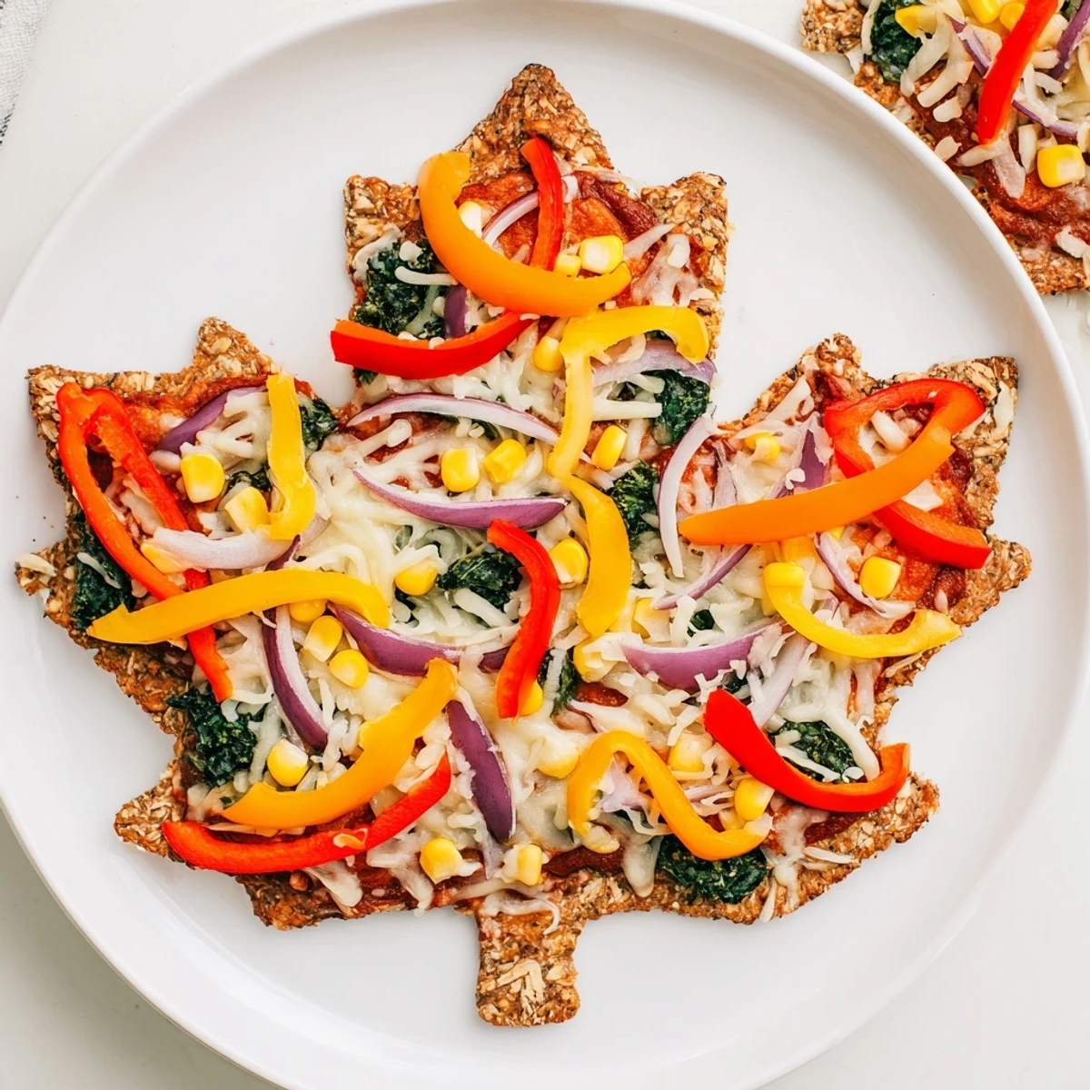 Golden-brown Fall Foliage Maple Leaf Mini Pizzas feature colorful bell peppers and melted cheese, ready to eat.