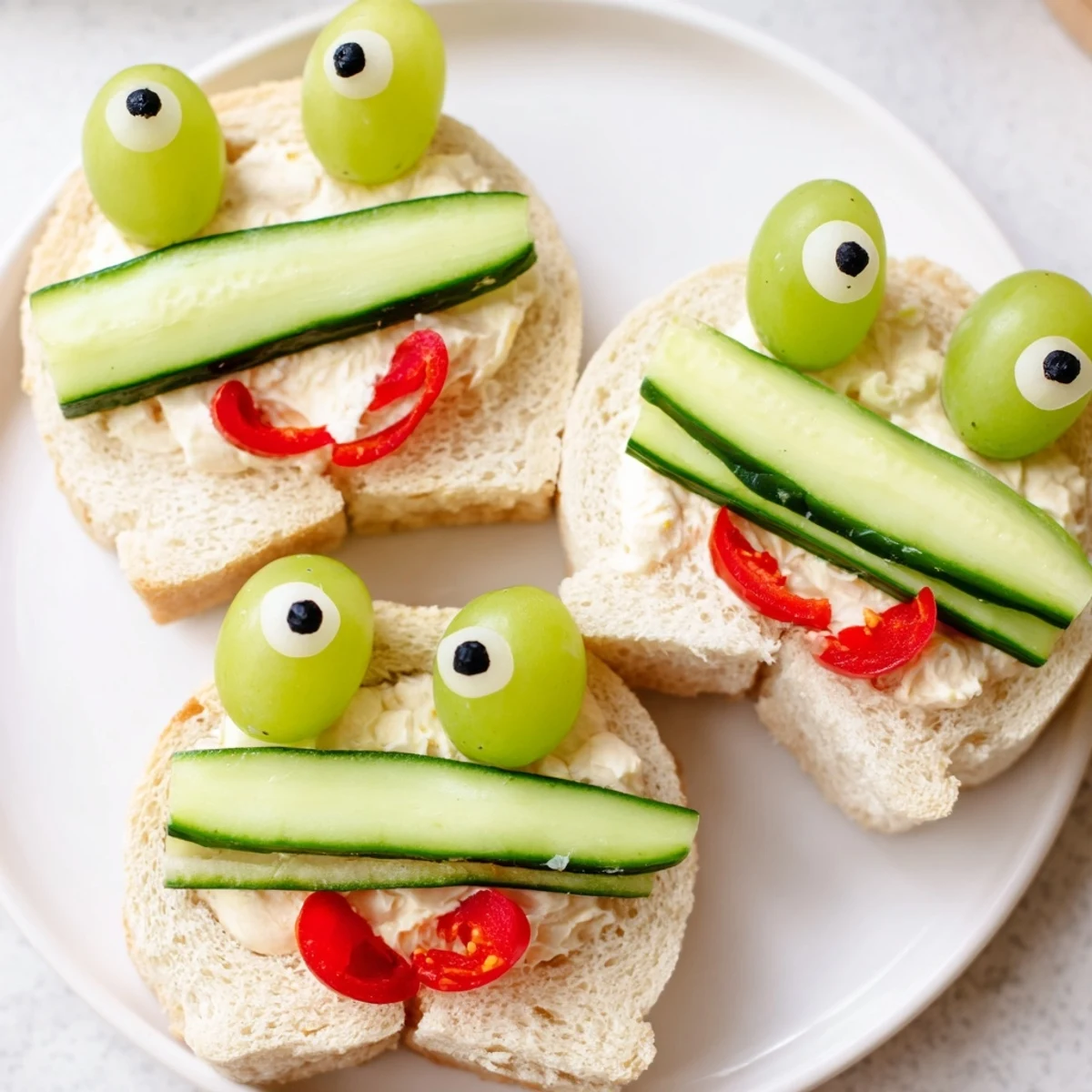 Green grape eyes and smiling red pepper mouths adorn these Prince Charming Froggy Sandwich cutouts.