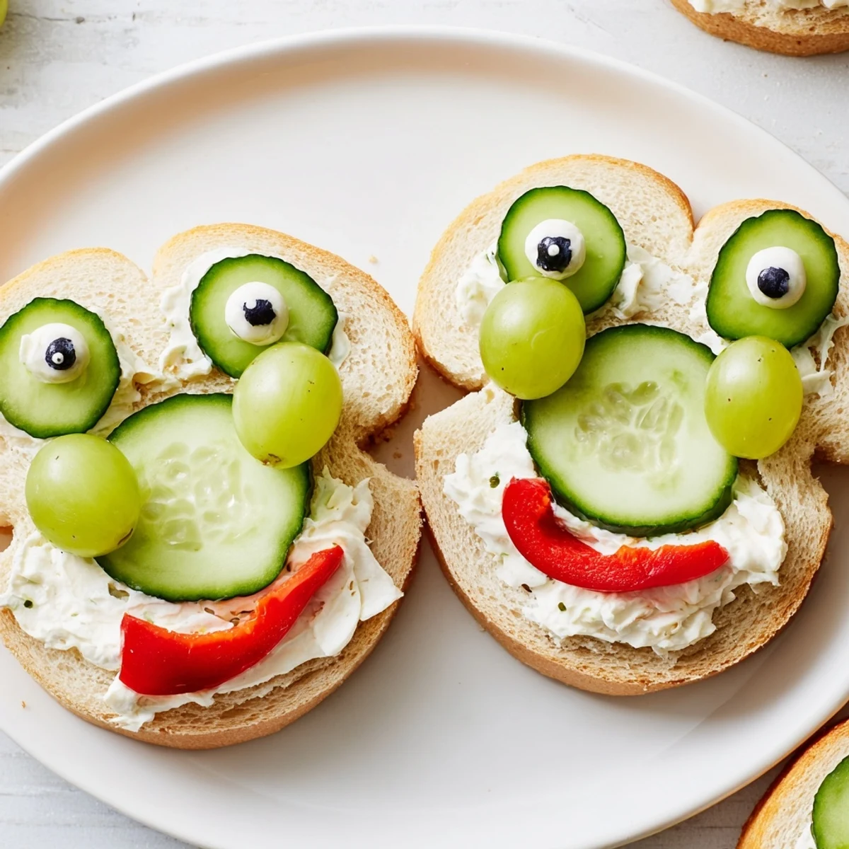 Delicious and visually charming, a close-up shows prepared Prince Charming Froggy Sandwich cutouts, perfect for lunchboxes.