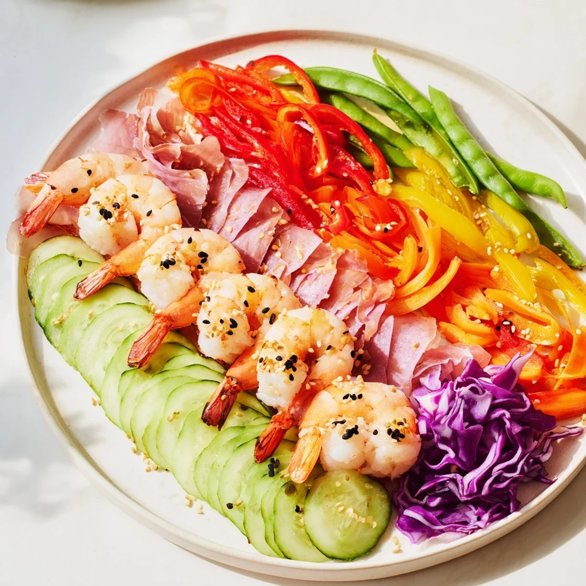 Vibrant Mighty Dragon Lunar New Year board featuring shrimp, char siu, and colorful vegetables for an Asian feast.