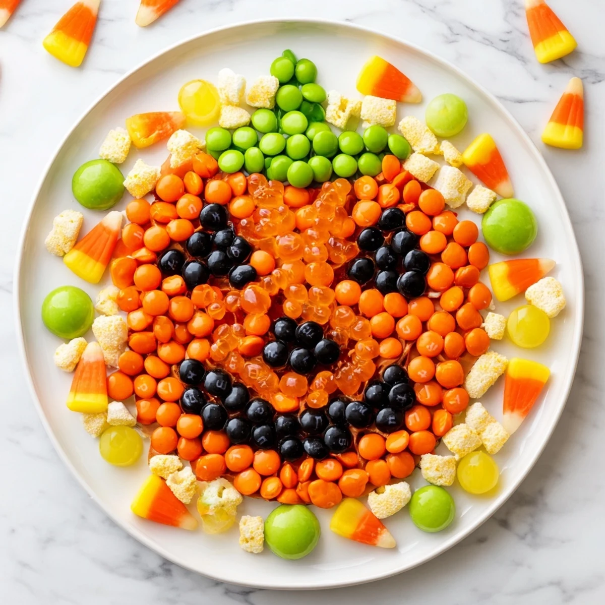 Delicious Jack-o-Lantern Candy Board: a colorful, festive candy arrangement perfect for your Halloween gathering.