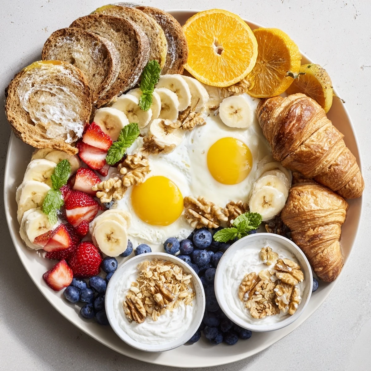 A Soleil Matinal breakfast platter showing colorful fruits, golden eggs, and buttery croissants.