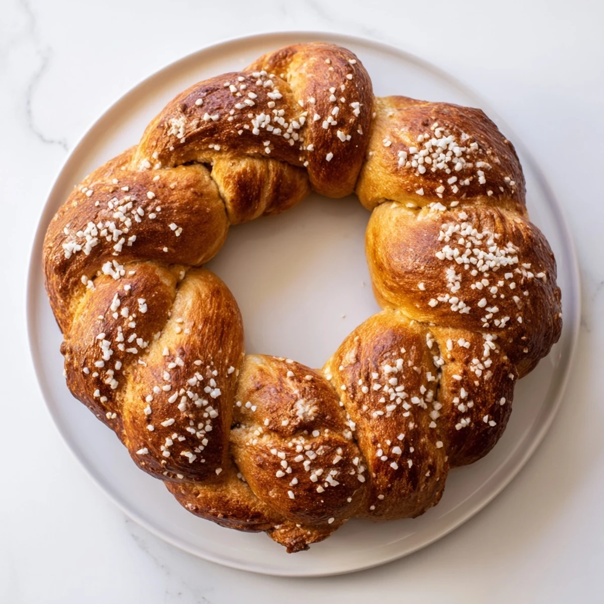 Homemade Bretzels Anneau de Fête, glistening from the oven, offering a delicious, irresistible German bread experience.