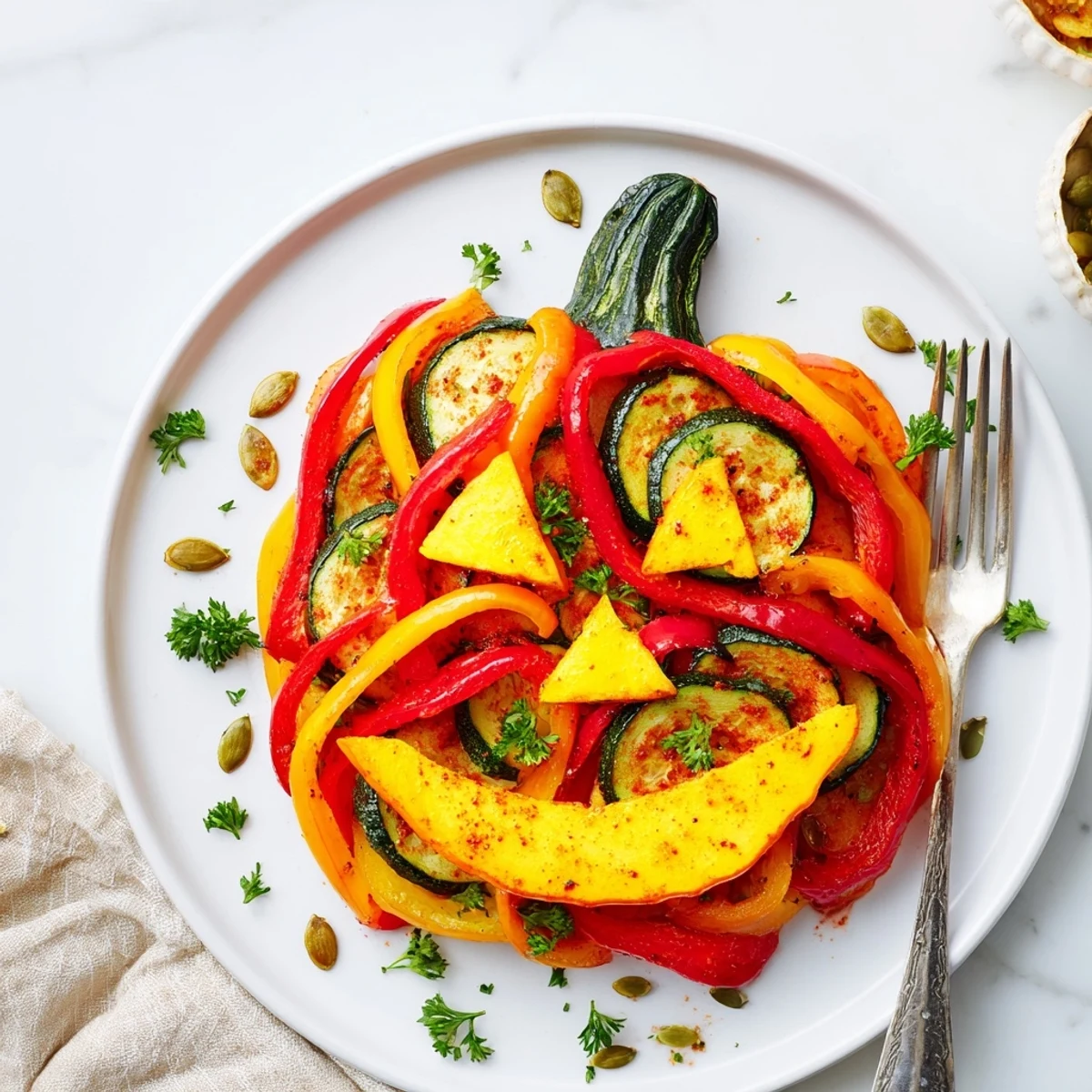 Golden roasted Pumpkin Lantern Halloween Plate, a vibrant veggie arrangement ready to enjoy.